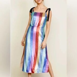 RIXO Rainbow Stripe Midi Dress with Black Tie Straps